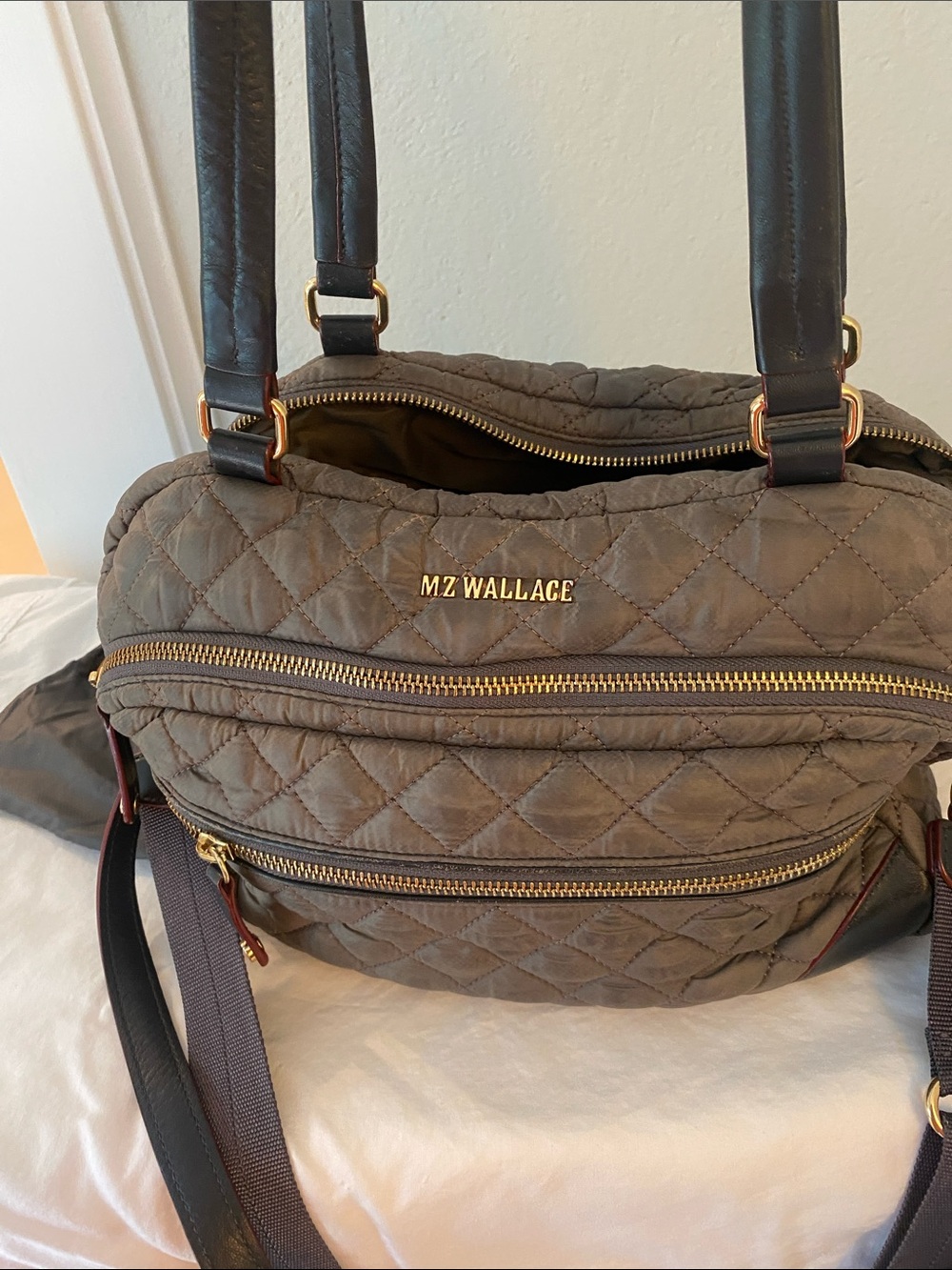 MZ Wallace Quilted Taupe Shoulder Bag with Black Handles and Brown Trim - Picture 2 of 4
